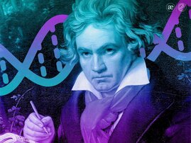 Ein Porträt von Beethoven und DNA-Stränge im Hintergrund
